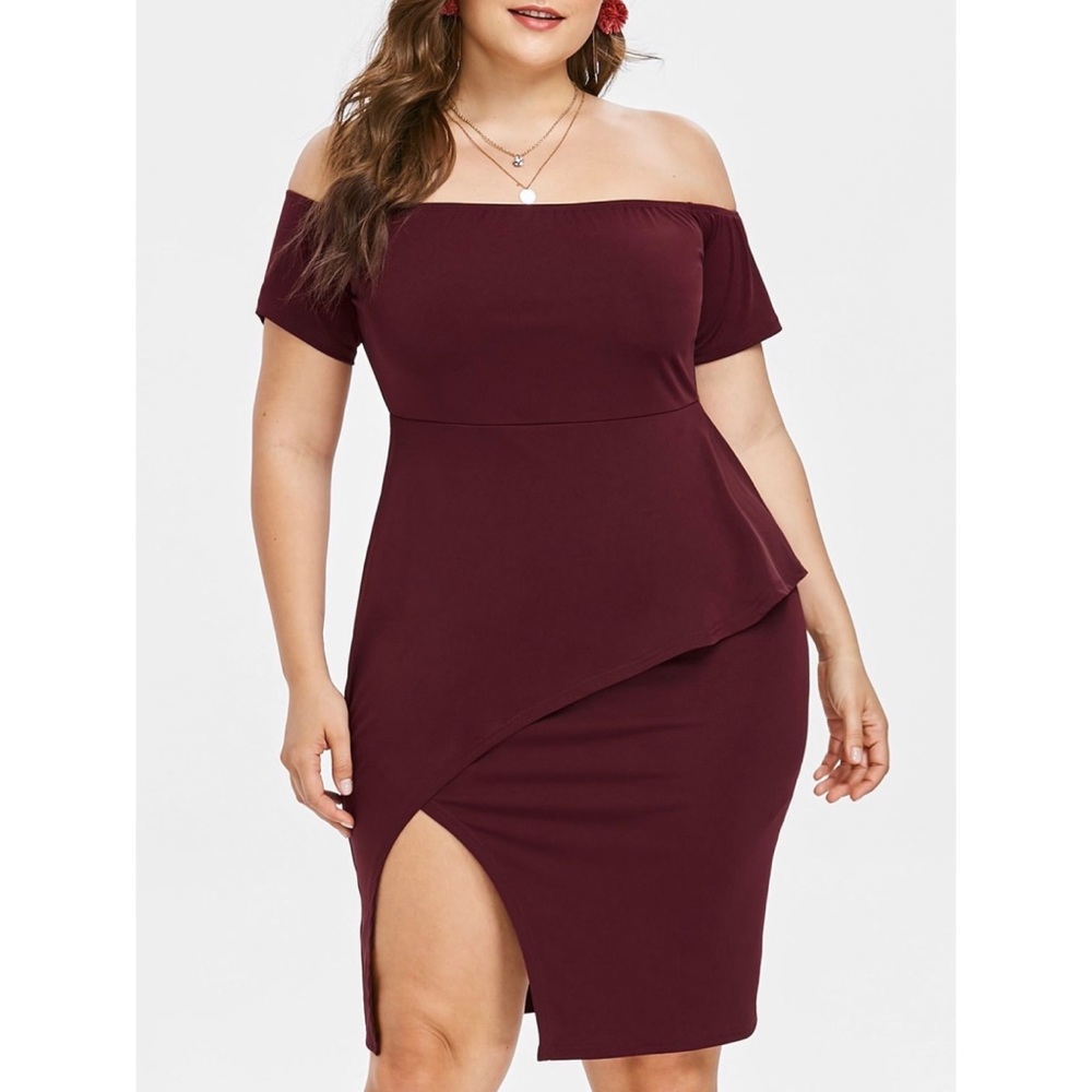 Burgundy Off Shoulder Peplum Cocktail Dress 2X